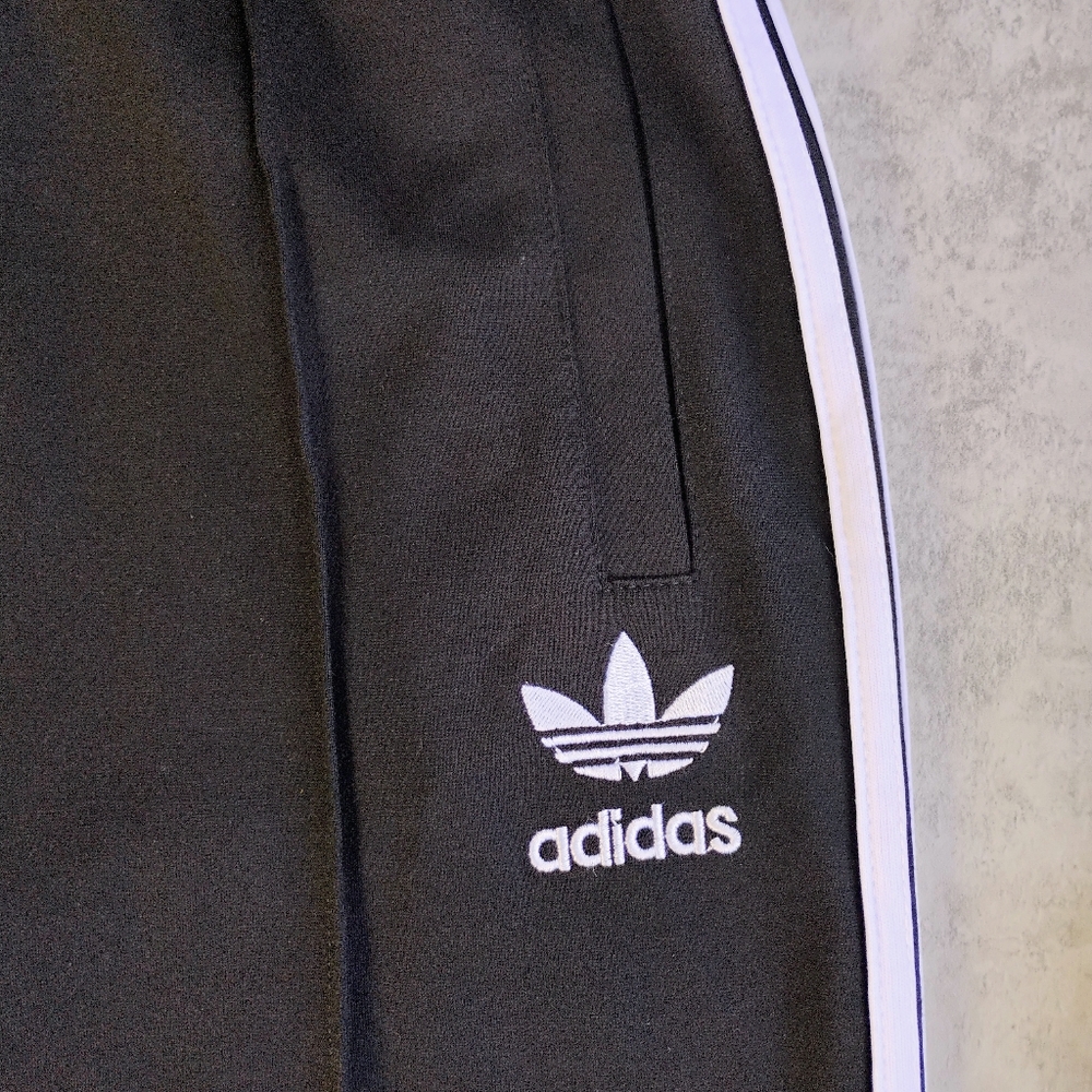adidas Black Track Pants with White Side Stripes and Red/Gold Heart Embroidery - Picture 8 of 13